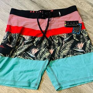 Maui and Sons Men's Tropical Board Shorts - Red, Black, and Teal